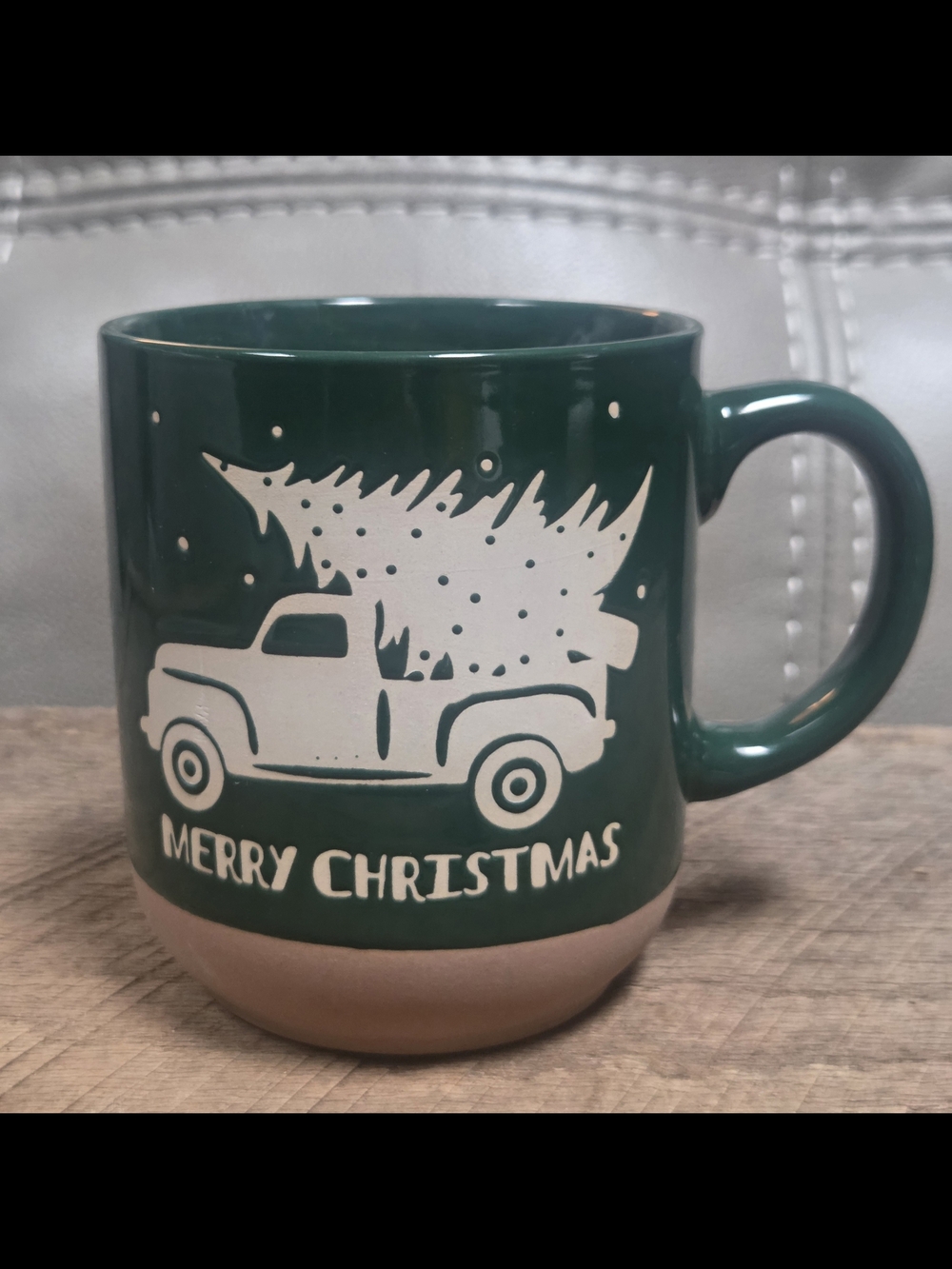 Holiday Green Ceramic Mug with Truck & Tree Design ~ Bin 1B